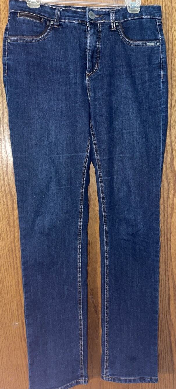 FDJ French Dressing Olivia Straight Leg Medium Denim Jeans Sz 8, Leather Accents